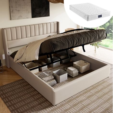 Cama matrimonio abatible 160x200 lino beige DESVIAE (1/5)