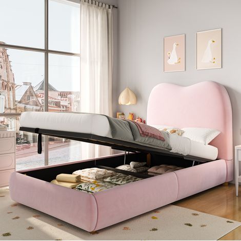 Letto contenitore singolo in velluto rosa OKMYHOME (1/5)
