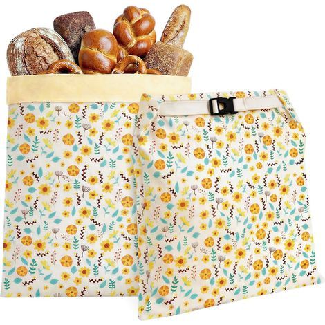 Sacs à pain extra larges en cire d'abeille (conçus pour le pain - lot de 2, motif tournesol) - Sacs de conservation du pain réutilisables 100 % coton (1/5)