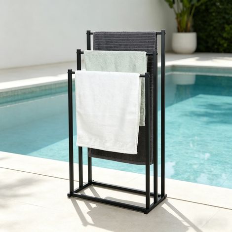 Porte-serviettes autonome 3 étages en acier carbone – Antirouille – Installation sans perçage – Pour salle de bain et piscine