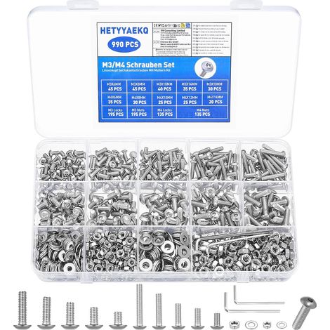 990 Pcs M3 M4Vis Boulons et Écrous, Vis à Tête Cylindrique à Cruciforme, Bouton avec Écrous, Vis à Tête Ronde et Écrous Assortiment Set et rondelles (1/5)