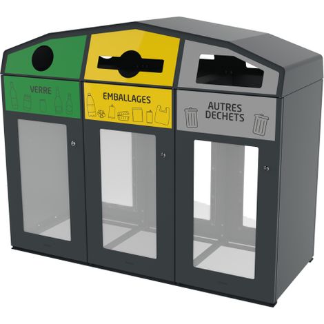 Point de tri sélectif Trirok vigipirate, avec serrure - verre / emballages / autres déchets - 3 x 110l - anthracite mat - RAL 7016 (1/3)