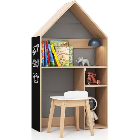 2-in-1 Kids Table and Chair Set House-Shaped Wooden Desk with Ample Storage