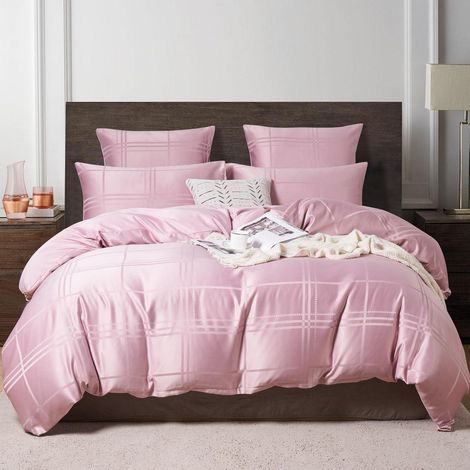Bettwäsche-Set 135x200 cm Satin Kariert Rosa Glatt Seidig mit Reißverschluss