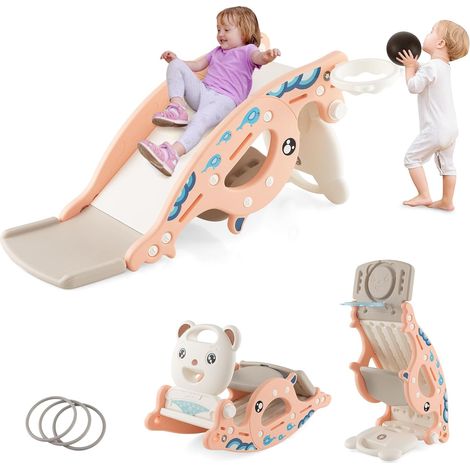 COSTWAY Tobogán Infantil Plegable 4 en 1, Tobogán para Niños con Canasta de Baloncesto y Escalera, Tobogán Multifuncional para Niños con Anillos, Caballo Balancín a partir de 3 años (rosa) (1/5)