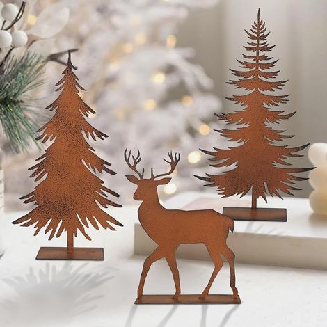 Lot de 3 Piquets de Sapin de Noël en Métal Rouillé pour Avent, Noël, Jardin, Patio, Balcon (Rouille) (1/5)