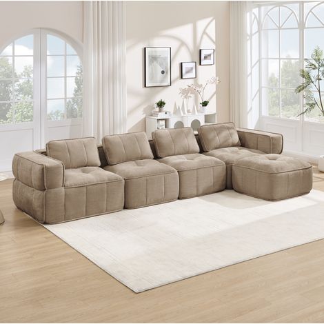 Sofá esquinero modular de 4 plazas con puf, 344 x 162 x 67 cm, poliéster, color arena HAVRYA (1/5)