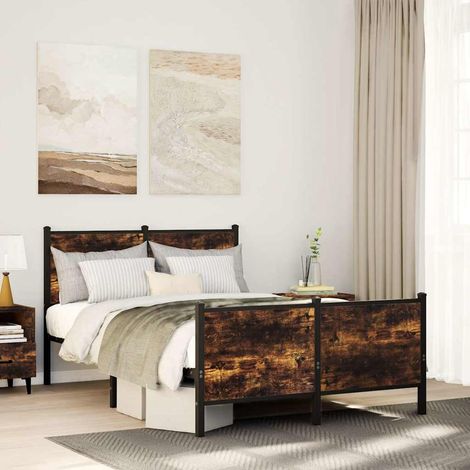 Cadre de lit métal chêne fumé 120x190 cm avec rangement intégré, stable et durable, prête à l'assemblage (1/4)