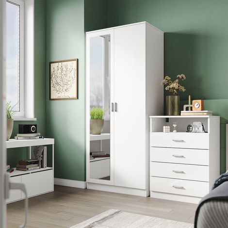SONNI Schlafzimmermöbel Set Kleiderschrank mit Spiegel und Schubladen und Hochglanz 4 Schubladen Kommode LED Nachttische (1/5)