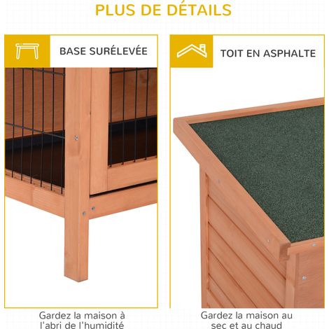 Cage à lapin à double plateau avec système de récupération des déjections, 4 portes coulissantes verrouillables, dimensions : 137 cm (L) x 50 cm (l) x 93 cm (H), en pin massif, toit en bitume vert. (1/4)
