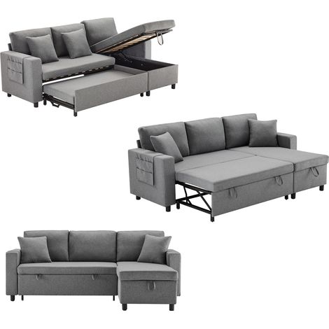 Canapé-lit avec fonction couchage, canapé d’angle en L, méridienne avec espace de rangement et poches, canapé-lit de salon, méridienne interchangeable gauche/droite. [Old sku: N653P34596061D] (1/5)
