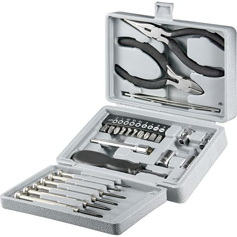 Set universale per meccanica di precisione, 25 pezzi, kit di utensili con cacciaviti, portapunte, set di punte, pinze e bussole. (1/2)