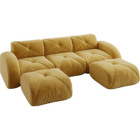 ELVMI Divano modulare a U 3 posti senza struttura con 2 pouf, senza montaggio, in Chenille, Giallo (1/5)