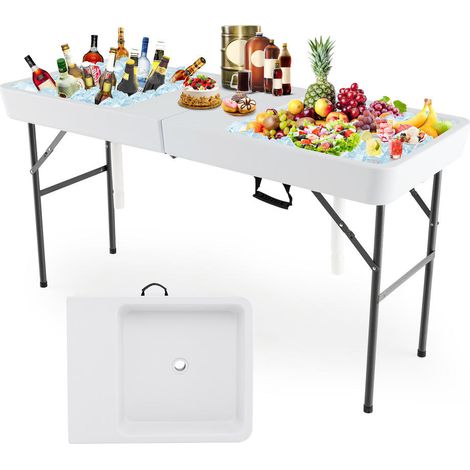 Pour Barbecue et Camping Table Buffet Glacière Pliante 150cm avec Jupe Amovible Sans Montage Blanc (1/5)