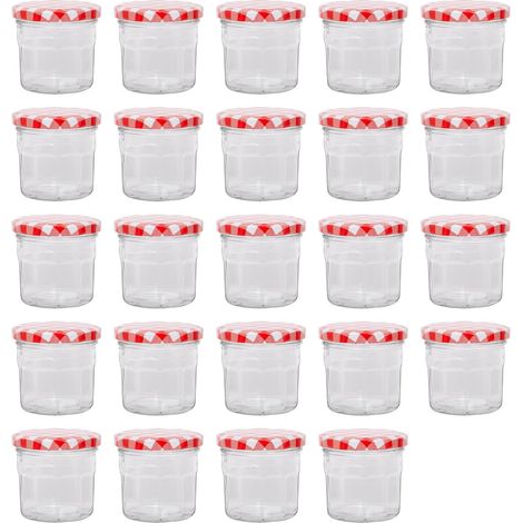 Lot de 24 pots à confiture en verre – 150 ml – Couvercles en métal à carreaux rouges – Forme octogonale – Hermétiques – Idéal pour conserves, miel et épices (1/5)