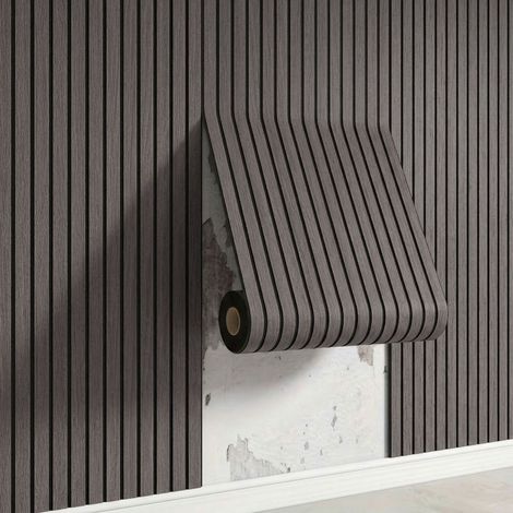 Papier Peint 3D Effet Lattes de Bois, Autocollant Mural Adhésif Rainuré Style Teck, Revêtement Décoratif Strié Quadrillé pour Intérieur