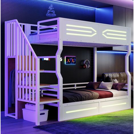 Letto a soppalco per bambini 90x200 cm, con scala contenitore, LED, in metallo e MDF, bianco, senza materasso (1/5)