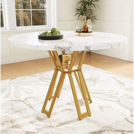 MODFU – Mesa de comedor redonda 100x100x76 cm de MDF y metal con tablero efecto mármol, patas doradas y carga 60 kg – Blanco y dorado (1/5)