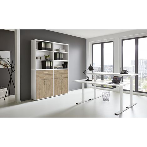BMG Möbel Büromöbel-Set, e-Office Edition Set 20, Schreibtisch höhenverstellbar, 138 cm, weiß/ Gold Harbor Oak