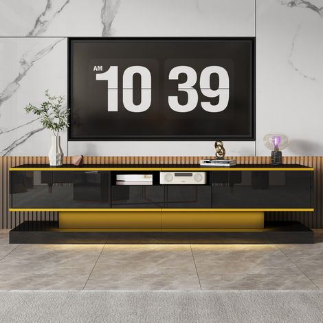 Niedriger TV-Schrank 180 x 38 x 45 cm – modernes Design in Schwarz lackiert mit mehrfarbigen LEDs und goldenen Details – Schwarz und Gold (1/5)