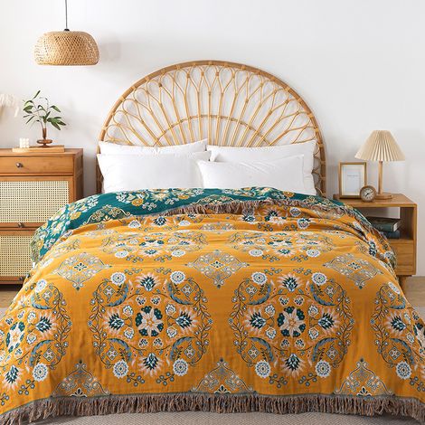 Plaid Boho 150 × 200 cm, Coton Ultra Doux Jaune à Franges, Jeté Style Bohème Floral Rustique pour Canapé et Fauteuil, 1 Pièce (1/5)