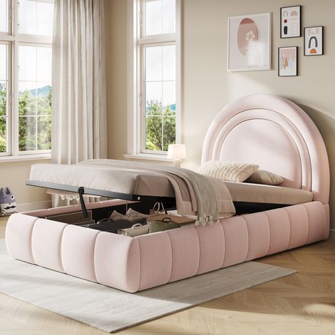 Lit capitonné simple pour enfant, 90 x 200 cm, avec mécanisme hydraulique réglable en hauteur, sommier à lattes intégré, tête de lit capitonnée en velours rose et grand espace de rangement sous le lit (1/5)
