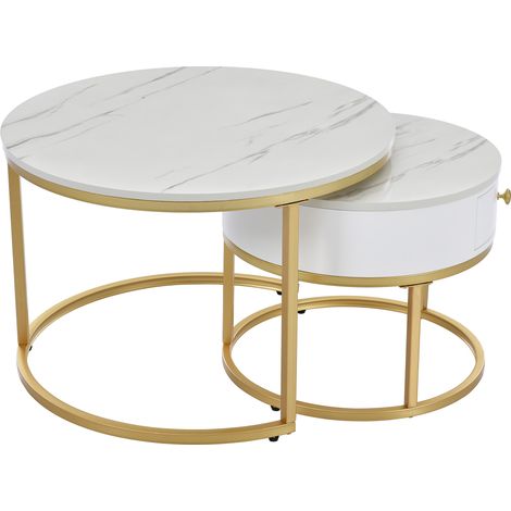 Table basse gigogne ronde effet marbre blanc brillant, lot de 2 tables de salon avec structure en métal, 70x70 cm et 50x50 cm (1/5)