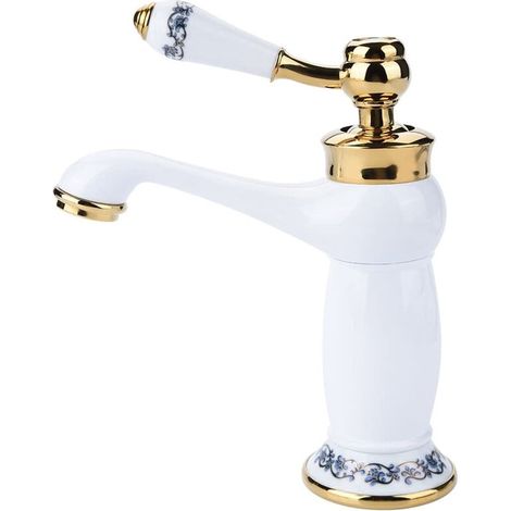 Robinet de Lavabo Rétro Mitigeur Monocommande Lavabo Décoration en Céramique Robinet Salle Bain Eau Froide Chaude Blanc