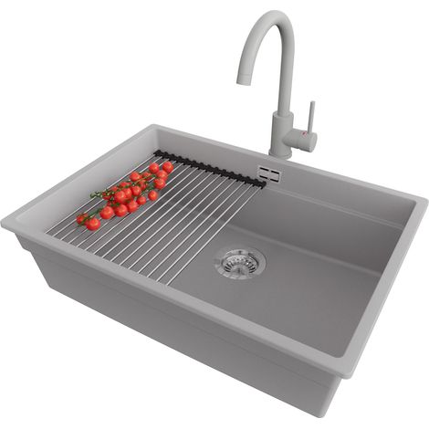 PRIMAGRAN Evier Cuisine en Granit 66x47cm, Lavabo 1 bac + Robinet 32x20cm + Kit de Vidage + Accessoire, Évier à Encastrer au meuble 70cm - Prague Slim, Gris (1/5)