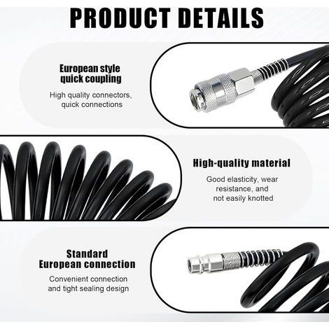 6 Mètres Tuyau Compresseur D'air, PU Flexible Compresseur Air, Équipé D'un Raccord Rapide 1/4 Pouce, Antidéflagrant Tuyau Compresseur, Diamètre 5 × 8 mm (Pression Maximale 10 bar) (Noir) (1/5)