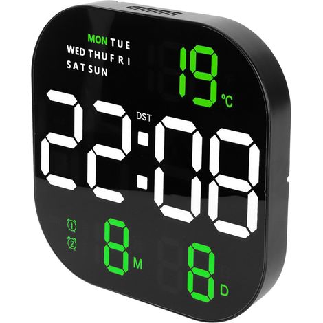 Horloge numérique à grand écran LED, télécommande USB 5V, affichage multifonction de la température et du mois, horloge électronique lumineuse pour bureau ou salon, deux couleurs d'éclairage vert. (1/5)