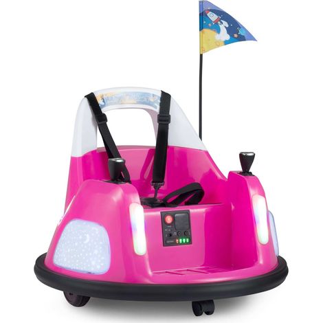 Voiture tamponneuse électrique enfant rose 12V avec joysticks, télécommande, lumières et ceinture 5 points pour jardin et parc (1/5)