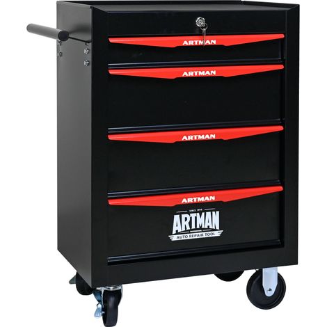 Chariot à outils mobile avec 4 tiroirs, coulisses à billes, serrure à clé, poignée latérale, acier thermolaqué noir et rouge, 4 roues freinées CHICFURN (1/5)