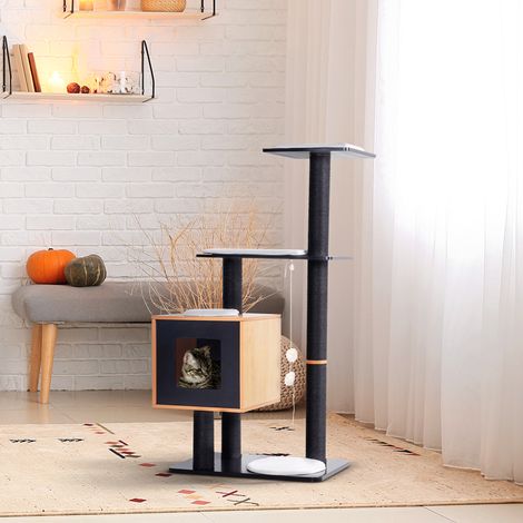 Arbre à chats design contemporain griffoirs grattoirs sisal naturel centre d'activités niche plate-formes jeu boules suspendues 71.5L x 49.5l x 120H cm MDF noir hêtre