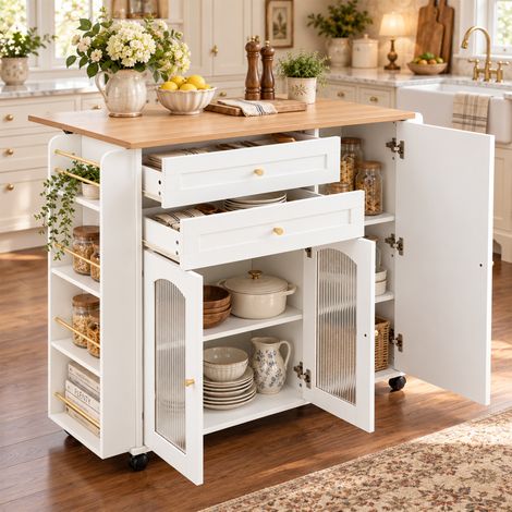 Îlot de cuisine mobile de 110 cm avec plan de travail rabattable, desserte sur roulettes avec 2 tiroirs, portes vitrées, étagère latérale et grand espace de rangement, blanc et naturel (1/5)