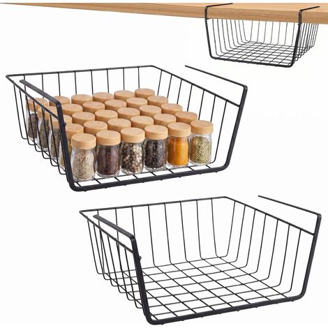 Lot de 2 Panier Suspendu Panier de Rangement Sous Tablette en Métal Panier Sous Etagere pour Cuisine, Bureau, Garde-Manger, Salle De Bain, Armoire (1/5)
