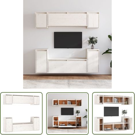 The Living Store Meubles TV 6 pcs Blanc Bois massif de pin - Meuble Tv - Meuble Suspendu - Rangement Mural - Bibliothèque Murale - Décoration Murale (1/5)