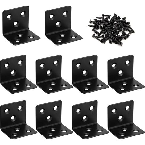 Soporte en L de acero inoxidable negro con tornillos, ideal para muebles y armarios de madera, paquete de 10 unidades. (1/4)