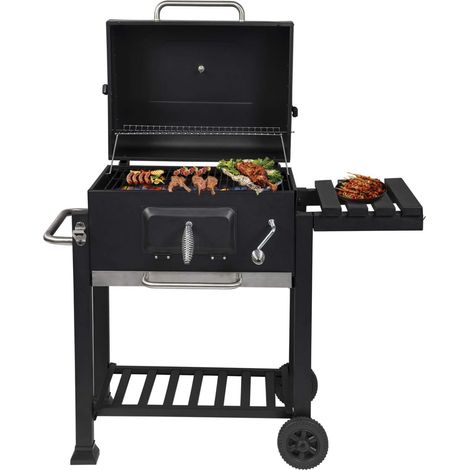 Woltu – Barbecue au charbon de bois 113x45,5x100cm – Réglable en hauteur – Avec thermomètre et bac à suies – Acier noir