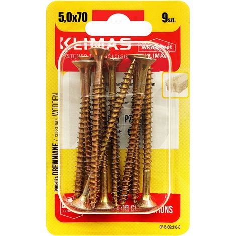 Vis Bois Trempées Klimas, 5 x 70 mm, Tête Fraisée PZ2, Zinguées, Blister 9 Pièces (1/5)