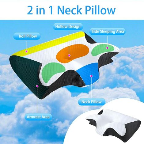 Oreiller Ergonomique Cervical, 2 en 1 Oreiller à Mémoire de Forme pour la Nuque, Coussin pour Dormir sur Le Côté et sur Le Dos, 60x40x12/14cm, Noir (1/2)