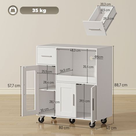 Küchenschrank auf Rädern, Mobile Küchenkommode mit Ablagen, Schubladen, verstellbarem Regal, Kabelloch, Weiß (1/5)