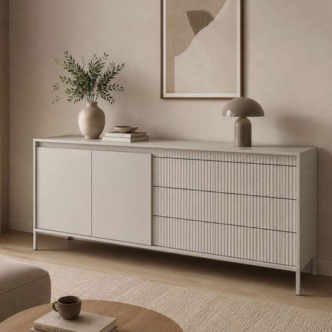 Credenza Hatone, Aparador 3 Cajones, 2 Estantes, Puerta Abatible, Corredera, 187x40x81h cm Beige (1/5)