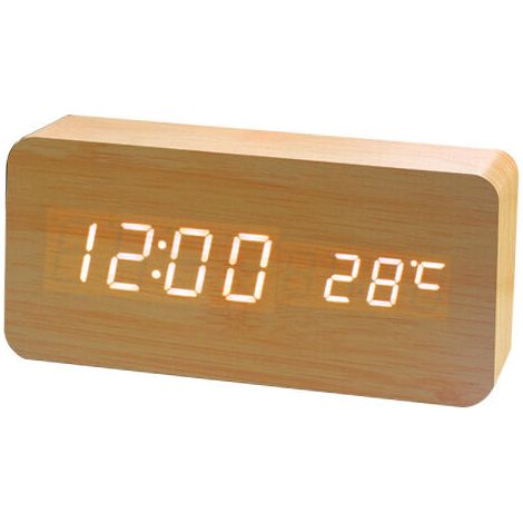 Horloge Numérique en Bois - Réveil LED Multifonction avec Affichage Heure/Date/Température et Commande Vocale pour Voyage à Domicile - JauneBlanc (1/5)