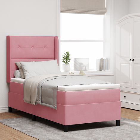 Box Spring Bed with LED Strip Lights Pink 90 x 200 cm Velvet vidaXL (1/5)