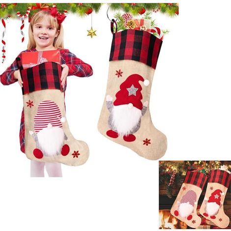 Großer Weihnachtsstrumpf aus Jute zum Aufhängen, 2 klassische Motive für Weihnachtsdekorationen