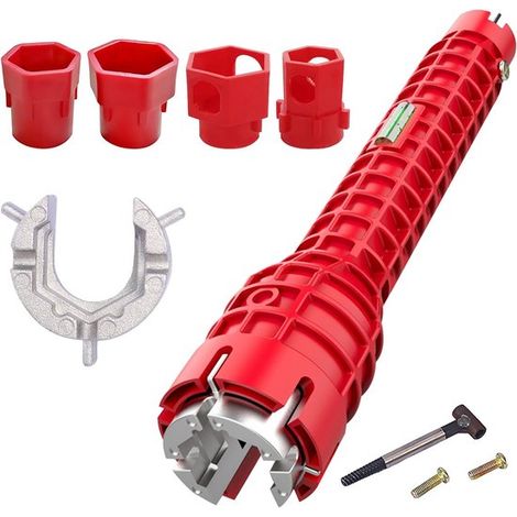 Llave para grifos - Herramienta multifuncional - Instalación de fontanería - Nivel de burbuja incorporado - 25 cm - Rojo (1/5)