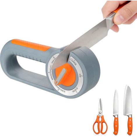 Aiguiseur Couteaux 6 en 1 Manuel, Gris-Orange Pour Couteaux de Cuisine et Ciseaux, Base Anti-Dérapante. Adapté pour Cuisine, Restaurant, Jardin et Camping (1/5)