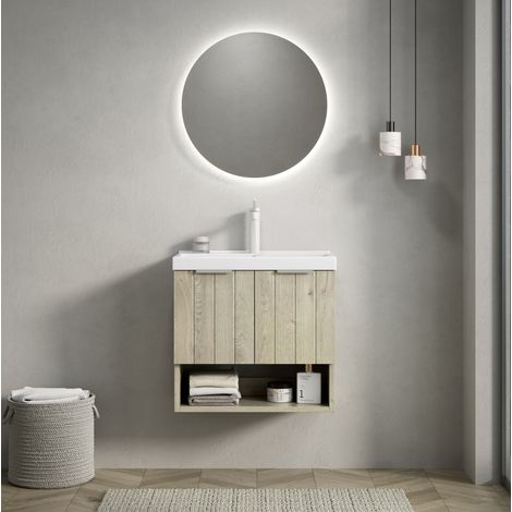 Mobile lavabo da bagno sospeso, lavabo in ceramica lucida, mobile con ante e ripiano aperto, bianco off white (1/5)