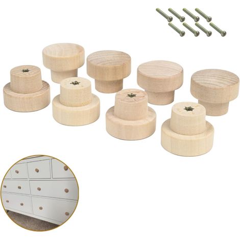 Lot de 8 boutons de tiroir ronds en bois pour tiroir, armoire, commode (couleur bois brut) 35 mm de diamètre
